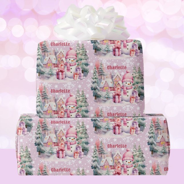 Pink Christmas Snowman add Girl's Name Wrapping Paper (Creator Uploaded)