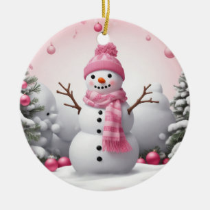 Pink Christmas Snowman Ceramic Ornament