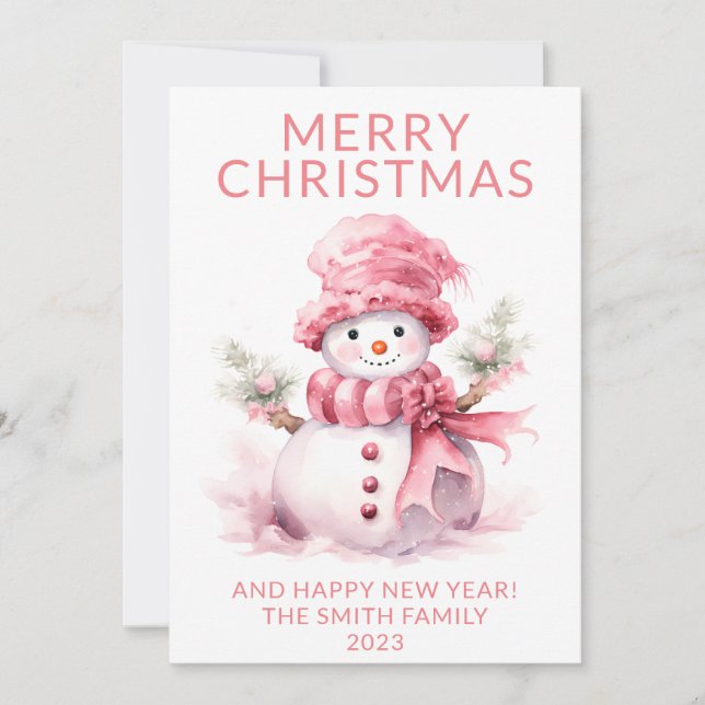 Pink Christmas Snowman Holiday Card (Front)