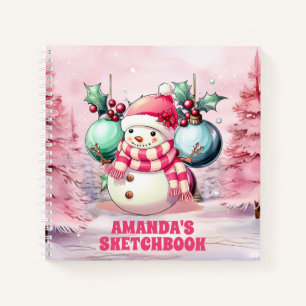 Pink Christmas Snowman Kids Sketchbook Notebook