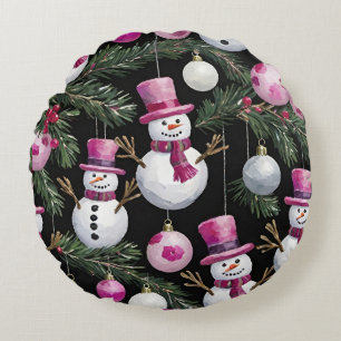 Pink Christmas Snowman Ornaments Round Pillow