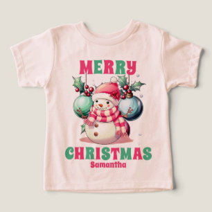 Pink Christmas Snowman Personalized Name Toddler T-shirt