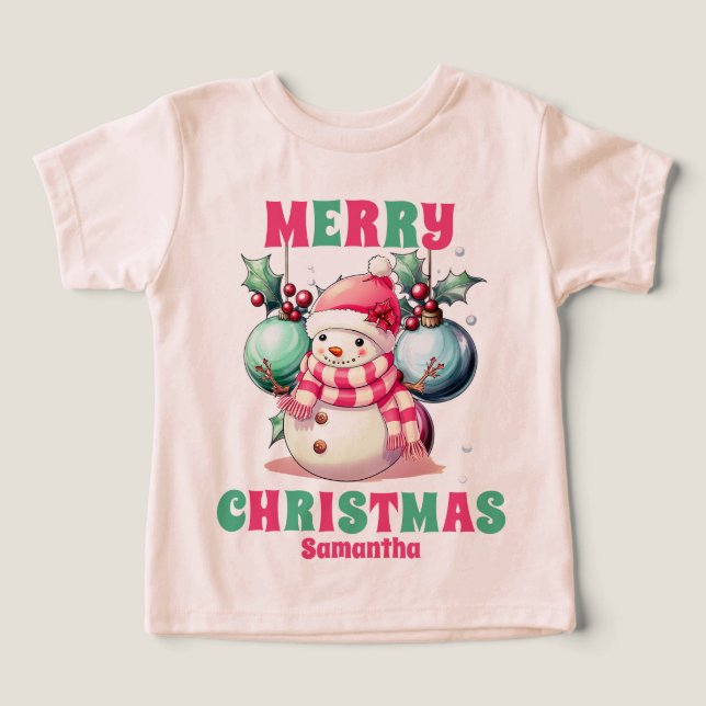 Pink Christmas Snowman Personalized Name Toddler T-shirt (Design Front)