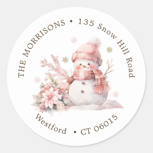 Pink Christmas Snowman return address label