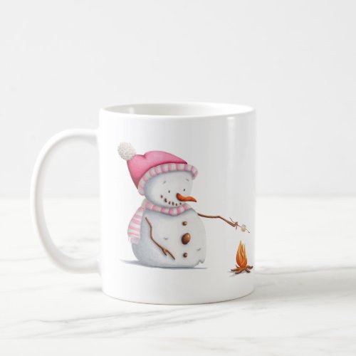 Pink Christmas Snowman Roasting Marshmallows  Coffee Mug