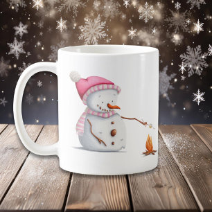 Pink Christmas Snowman Roasting Marshmallows Coffee Mug