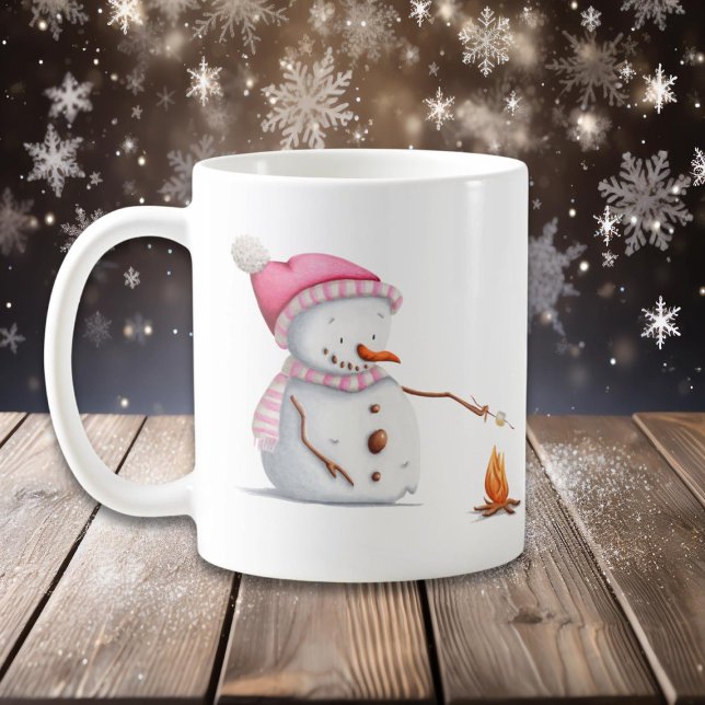 Pink Christmas Snowman Roasting Marshmallows  Coffee Mug (Creator Uploaded)