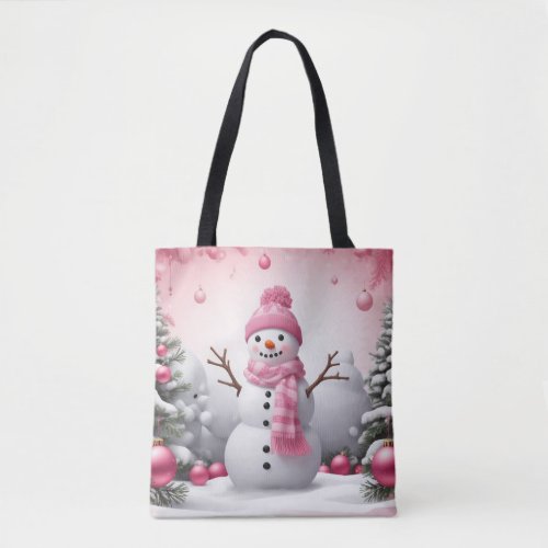 Pink Christmas Snowman Tote Bag