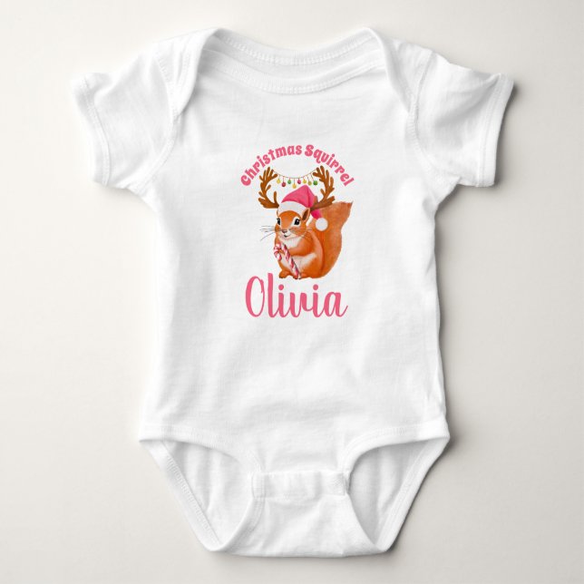 Pink Christmas Squirrel Custom Name Baby Bodysuit (Front)