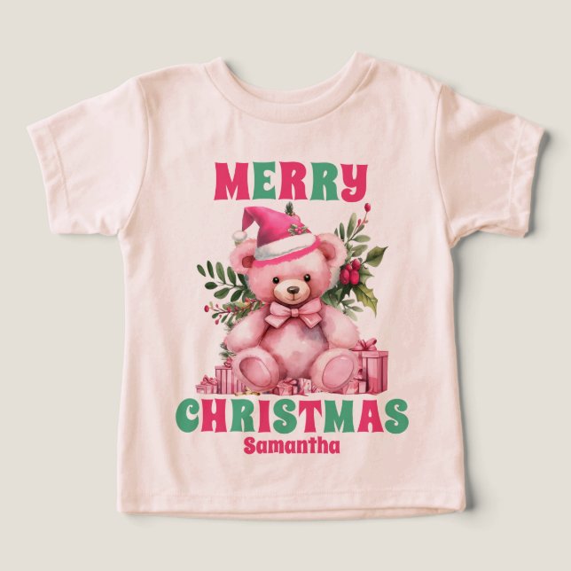 Pink Christmas Teddy Bear Personalized Name Toddler T-shirt (Design Front)