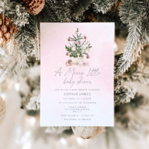 Pink Christmas tree a merry little baby shower Invitation