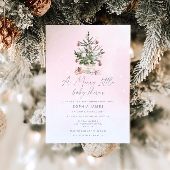 Pink Christmas tree a merry little baby shower Invitation (Creator Uploaded)