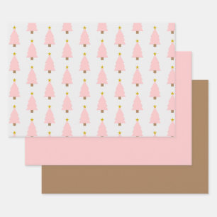 Pink Christmas Tree and Golden Star, Pink 'n Brown Wrapping Paper Sheets