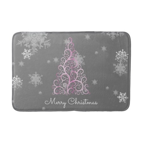 Pink Christmas Tree and Snowflakes Bath Mat