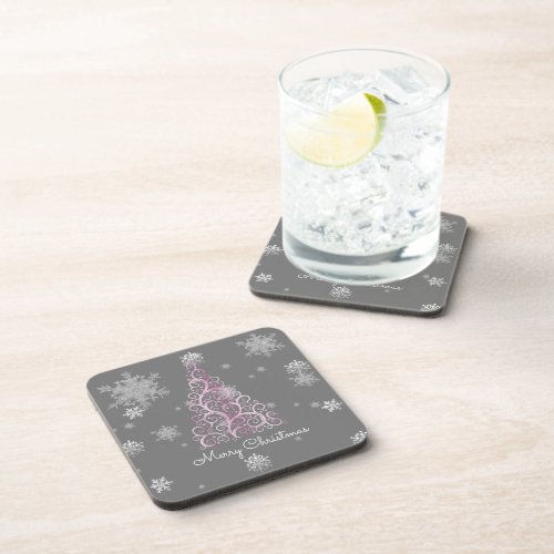 Pink Christmas Tree and Snowflakes Beverage Coaster