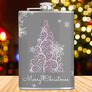 Pink Christmas Tree and Snowflakes Flask
