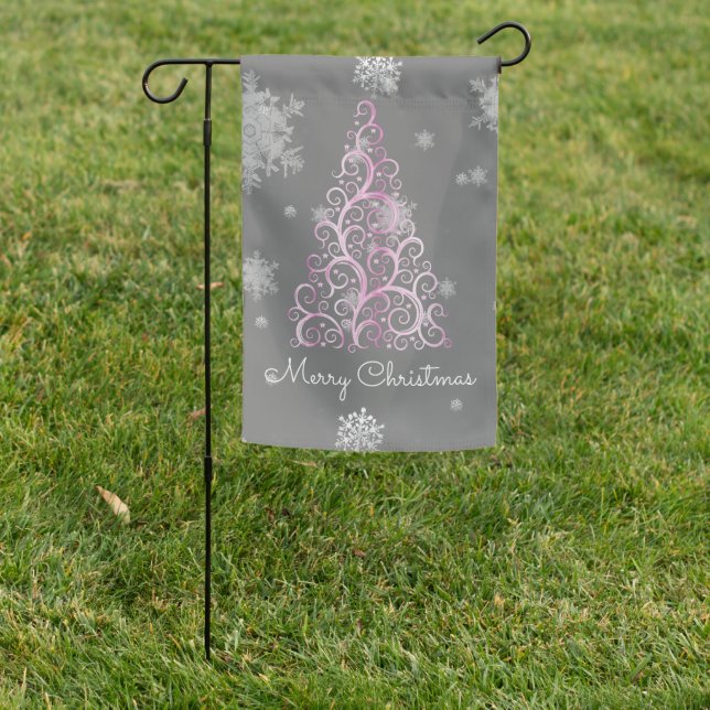 Pink Christmas Tree and Snowflakes Garden Flag (In SItu)