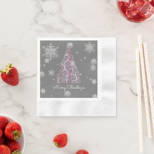 Pink Christmas Tree and Snowflakes Paper Napkin
