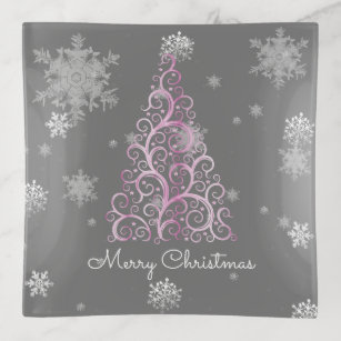 Pink Christmas Tree and Snowflakes Trinket Tray
