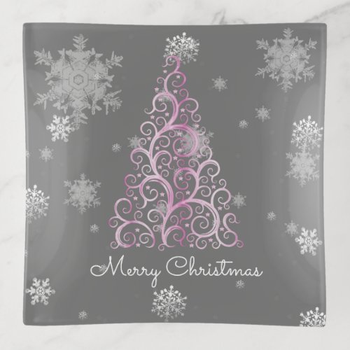 Pink Christmas Tree and Snowflakes Trinket Tray