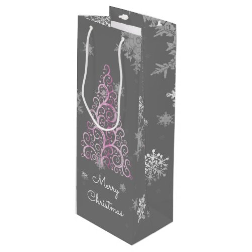Pink Christmas Tree and Snowflakes Wine Gift Bag