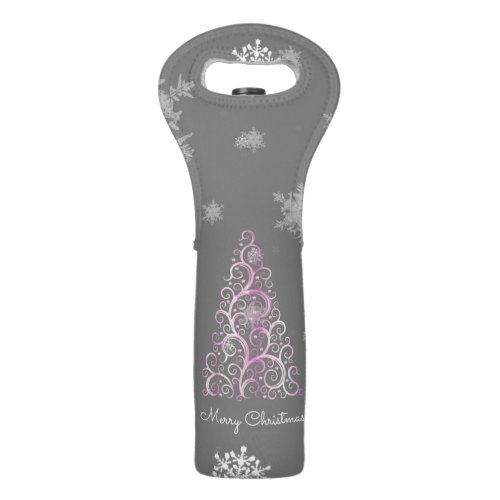 Pink Christmas Tree and Snowflakes Wine Tote
