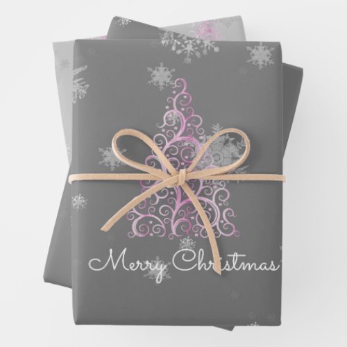 Pink Christmas Tree and Snowflakes Wrapping Paper