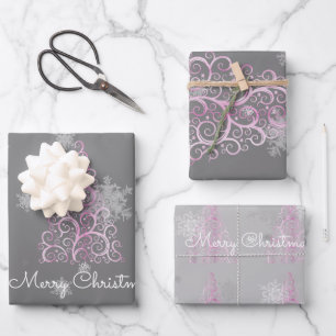 Pink Christmas Tree and Snowflakes Wrapping Paper