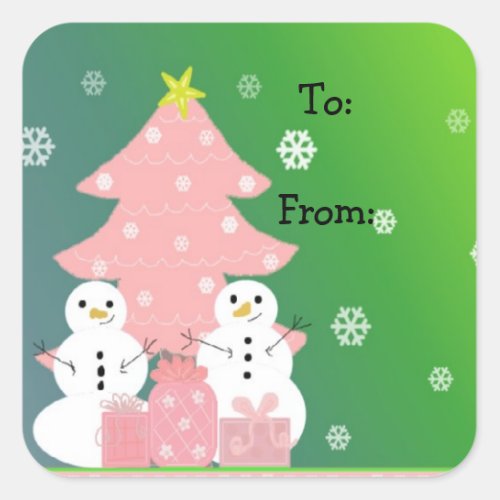 Pink Christmas Tree and Snowmen Square Sticker