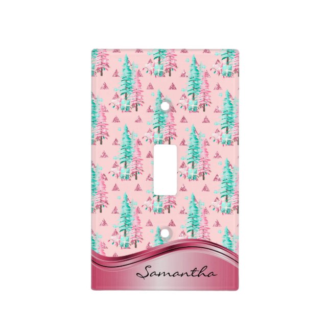 Pink Christmas Tree Aqua Name Monogram Light Switch Cover (Front)
