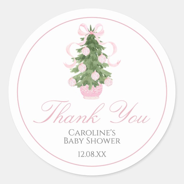 Pink Christmas Tree Baby Shower Sticker (Front)