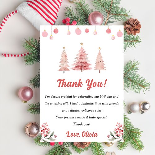 Pink Christmas Tree Birthday Party Thank You Card