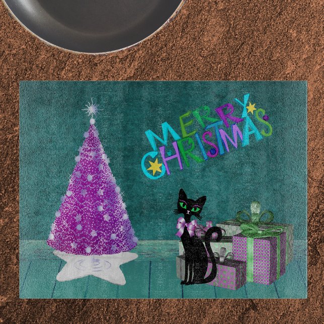 Pink Christmas Tree Black Cat Wrapped Present Teal Cutting Board (Pink tree black cat with bow wrapped presents in teal coloured room on Christmas glass cutting board)