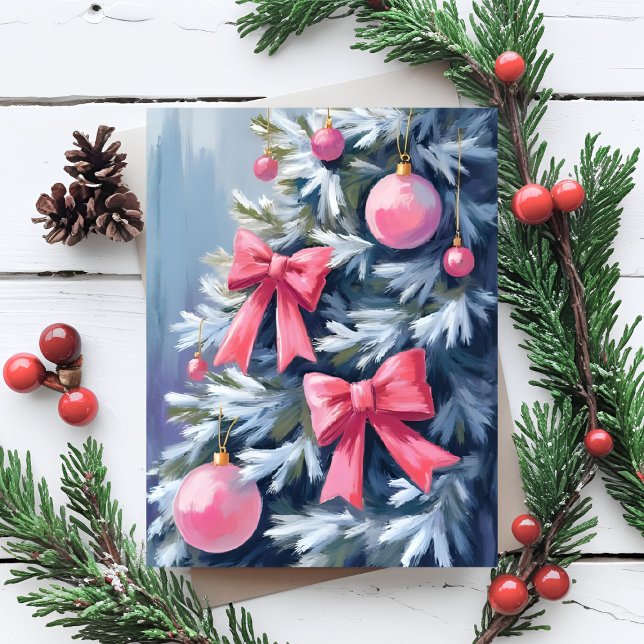 Pink Christmas Tree | Bows Ornaments Watercolor Holiday Postcard (Creator Uploaded)