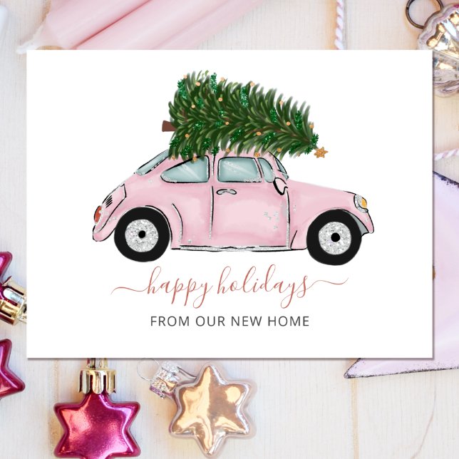 Pink Christmas Tree Car Weve Moved Holiday Moving Postcard (Creator Uploaded)