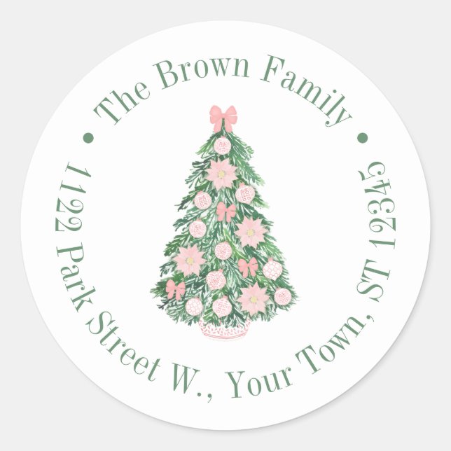 Pink Christmas Tree Chinoiserie Return Address Classic Round Sticker (Front)