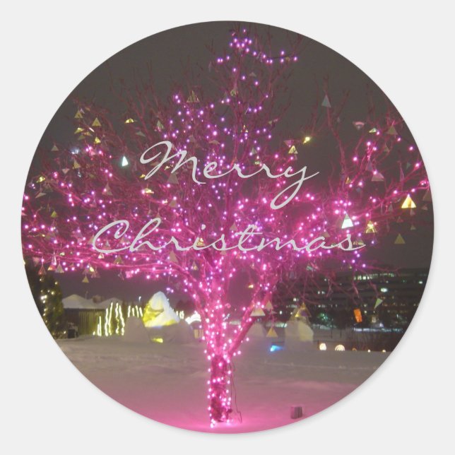Pink Christmas Tree Classic Round Sticker (Front)