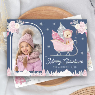 Pink Christmas Tree Cute Teddy Arch Photo Blue Holiday Card