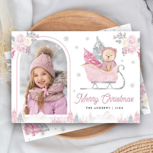 Pink Christmas Tree Cute Teddy Arch Photo Holiday Card