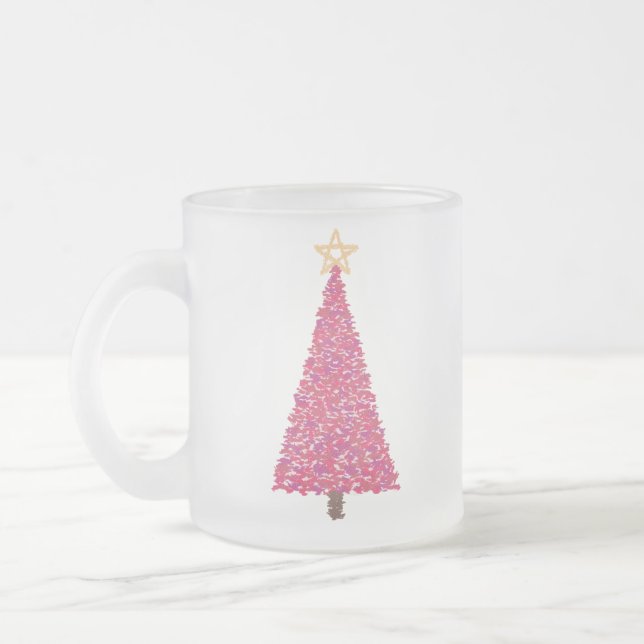 Pink christmas tree  frosted glass coffee mug (Left)