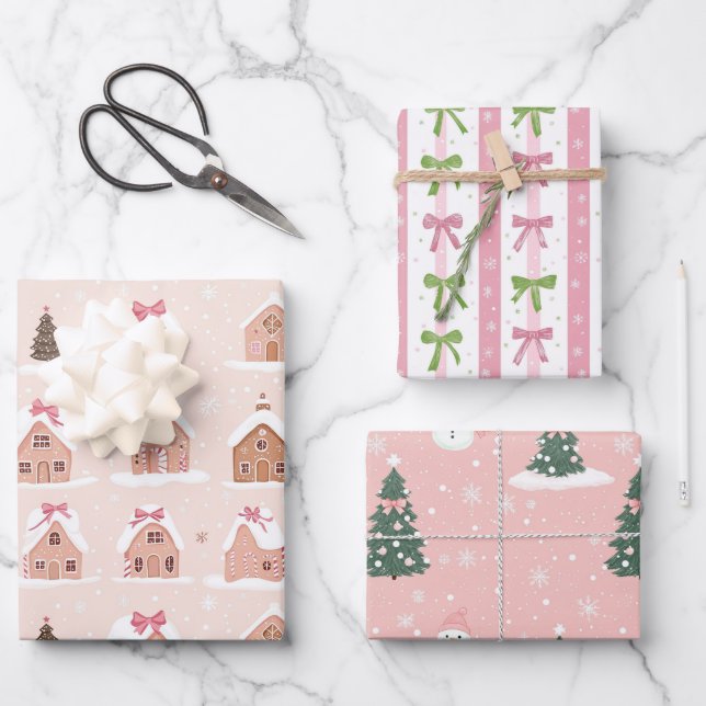 Pink Christmas Tree Gingerbread Houses Bows Wrapping Paper Sheets (Front)