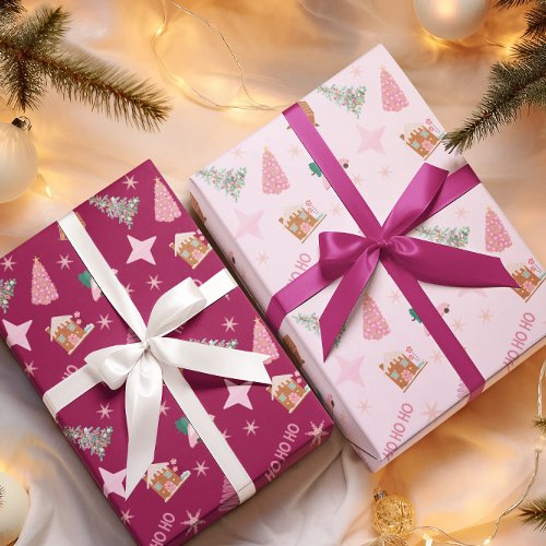 Pink Christmas Tree Gingerbread Wrapping Paper