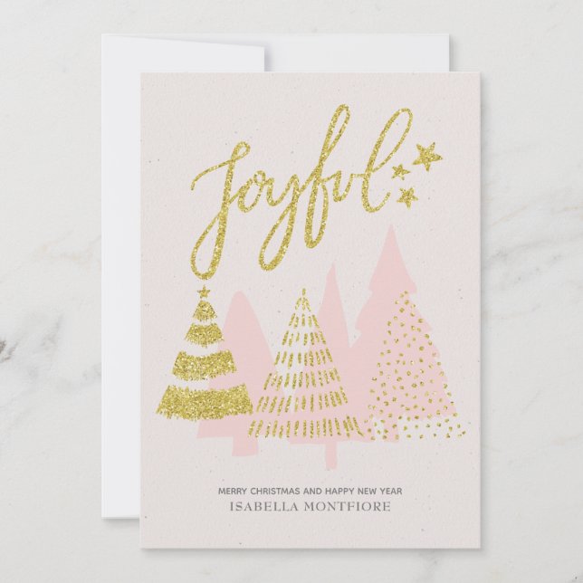 Pink Christmas Tree Gold Glitter Holiday Card (Front)