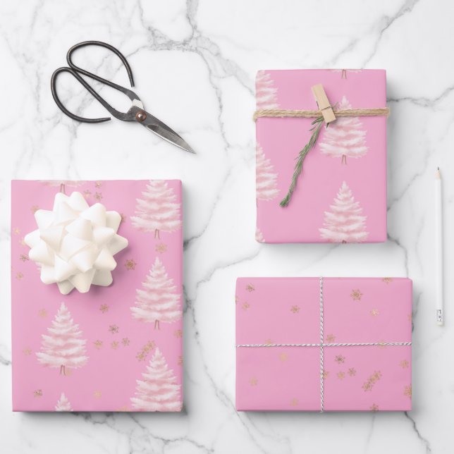 Pink Christmas Tree Gold Snowflakes Wrapping Paper Sheets (Front)