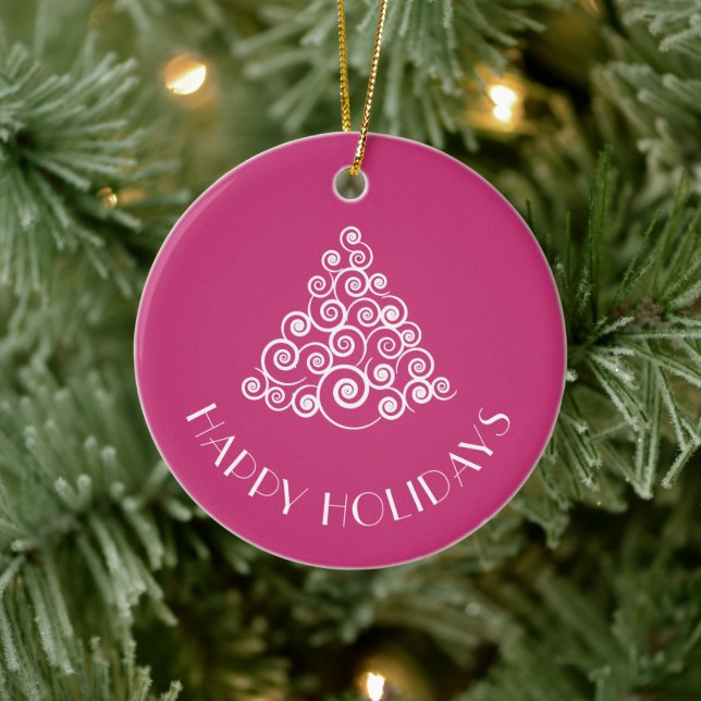 Pink Christmas Tree HAPPY HOLIDAYS Personalized Ceramic Ornament (Tree)