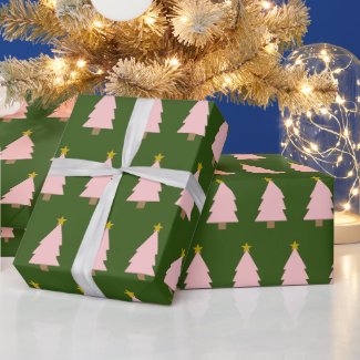 Pink Christmas Tree Line Golden Star Forest Green