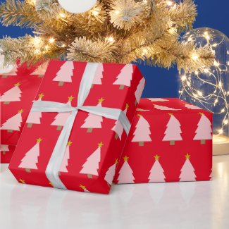 Pink Christmas Tree Line & Golden Star on Red