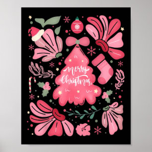 Pink Christmas Tree Merry And Bright Xmas Holiday Poster