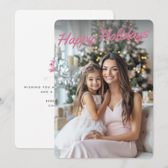 Pink Christmas Tree Modern Custom Photo Holiday Card (Front/Back)