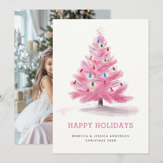 Pink Christmas Tree Modern Custom Photo Holiday Card (Front/Back)